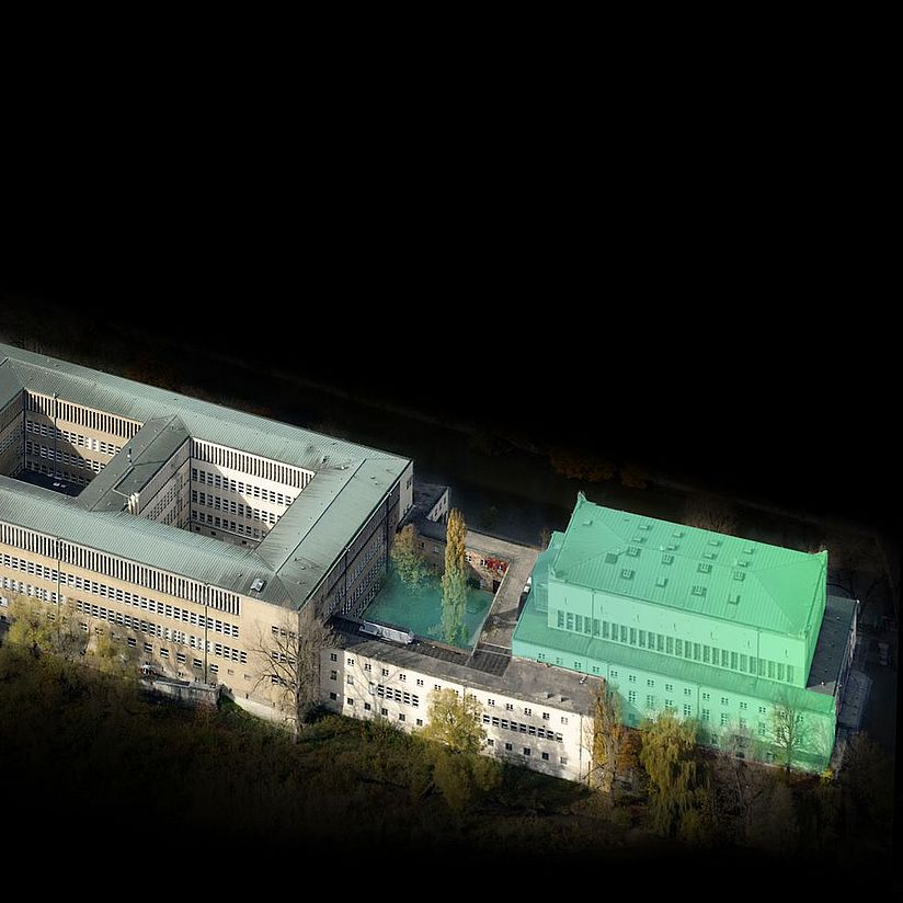 Modell FdZ Foto eines Modells der Museumsinsel mit dem Forum der Zukunft in grün hervorgehoben