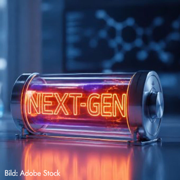 Ein leuchtendes Glaszylinder-Behälter auf einem Tisch mit neon-oranger Schrift „NEXT-GEN“, futuristisches Laborambiente mit verschwommenem Moleküldiagramm im Hintergrund, Bildquelle Adobe Stock.