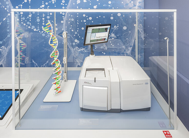 Vitrine zeigt links ein Modell der DNS Desoxyribonukleinsäure und den Genome Sequencer.