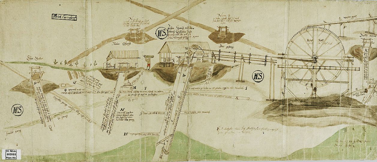 Hüttengebäude und Kunstrad, kolorierte Zeichnung.