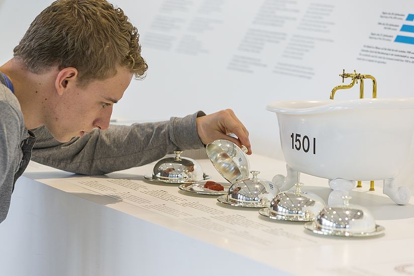 Junger Besucher an einer Station des Themenbereichs Ernährung.