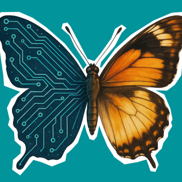Schmetterling mit einer rechten Flügelhälfte in natürlichem Orange-Schwarz und einer linken Flügelhälfte in Blau mit Leiterplattenschaltungen vor türkisem Hintergrund.