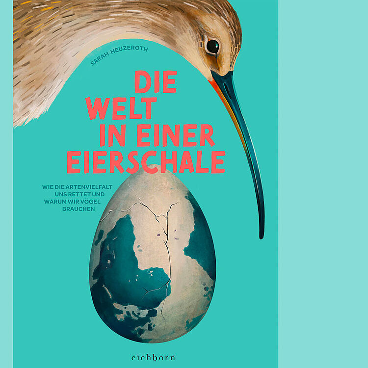 Buchcover, zeigt einen Kibis und die Weltkugel in Eiform mit einem kleinen Sprung;: "Die Welt in einer Eierschale" (von Sarah Heuteroth)