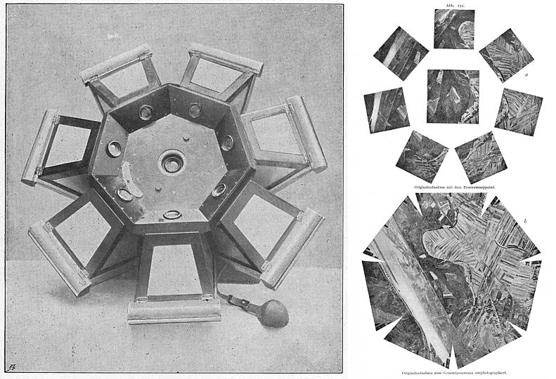 Eight-part aerial camera and individual photographs by Theodor Scheimpflug 