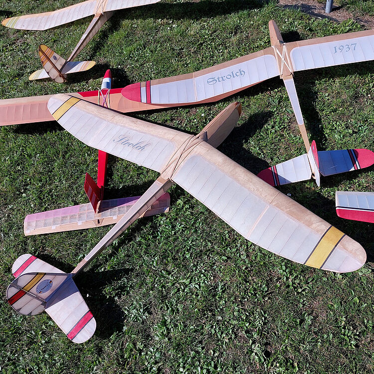 Antik Flugmodelle auf einer Wiese.