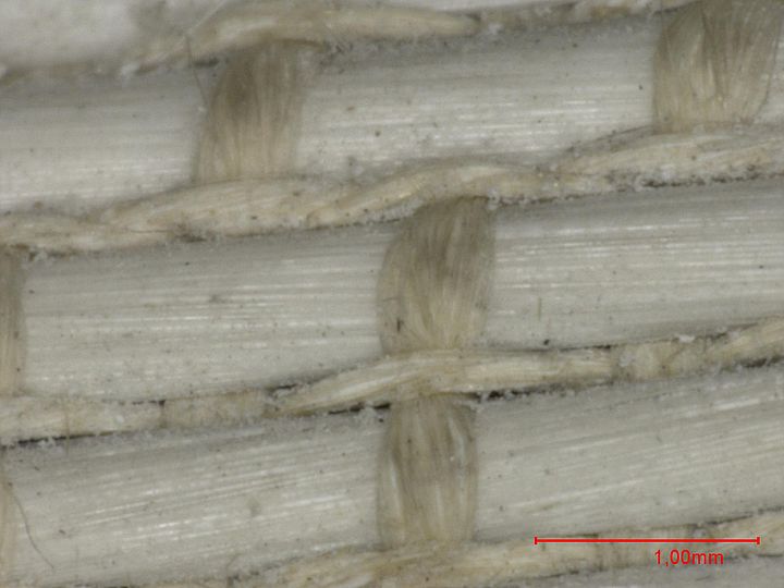 Mikroskopaufnahme von der stark verschmutzten und mit Kristallen übersäten Oberfläche der Glas- und Seidenfasern