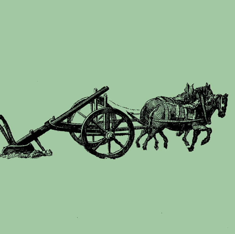 Landwirtschaft Abbildung eines Pferdes, das einen Pflug hinter sich herzieht.