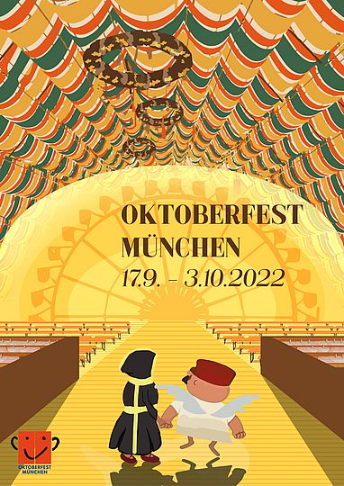 Auf dem Bild übestrahlt warmes, gelbes Licht das Bierzelt und Riesenrad, der Engel Aloisius und das Münchner Kindl haben sich bei der Hand genommen und betreten das Oktoberfest.