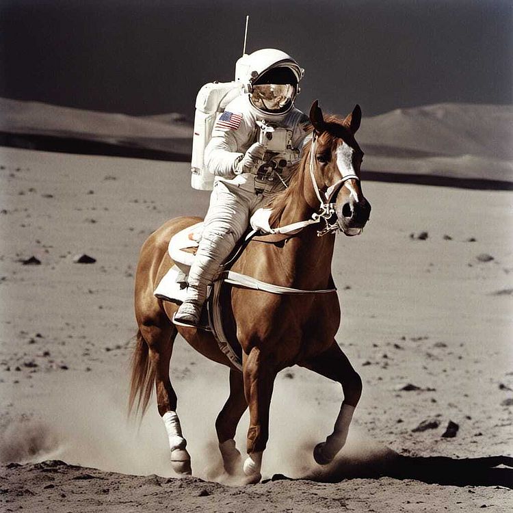 KI generiertes Bild zeigt einen Astronauten auf dem Mond, auf einem Pferd reitend.