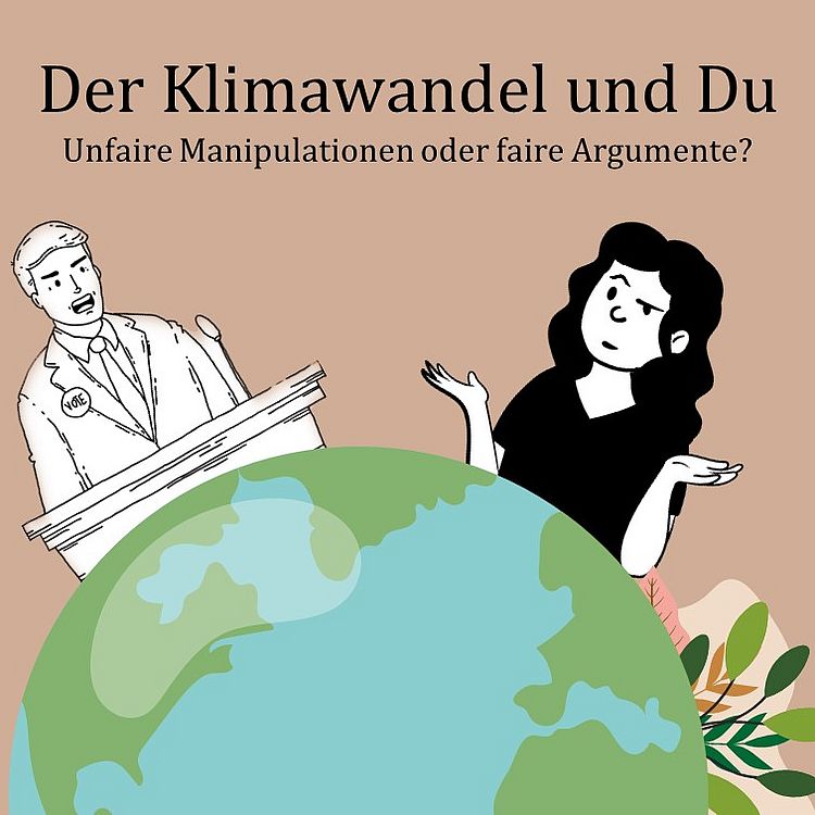 Grafik zeigt Weltkugel und eine Debatte über den Klimawandel.