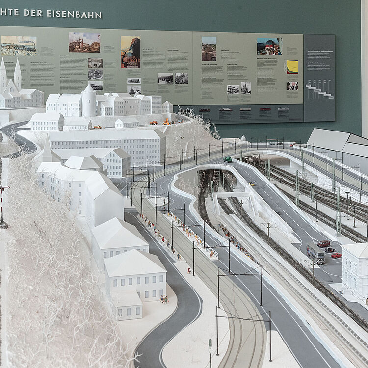 Modellbahn mit Blick auf den Ausstellungsbereich Eisenbahngeschichte.