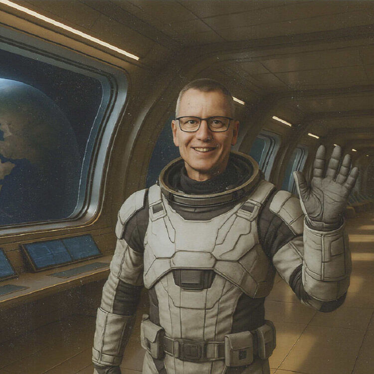 KI generiertes Bild zeigt Mann im Raumanzug in einem Raumschiff.