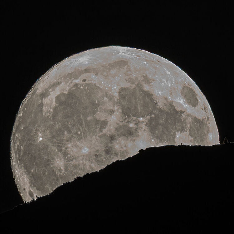 Der große, aufgehende Mond hinter einer Bergsilhouette. Die Kontur der Bäume der Bergsilhouette zeichnen sich vor dem Mond ab.