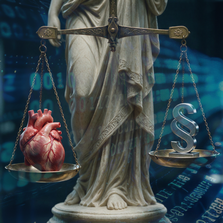Eine Justitia-Statue mit einer goldenen Waage: auf der linken Waagschale ein anatomisches menschliches Herz, auf der rechten ein silbernes Paragrafen-Symbol vor unscharfem, blau beleuchtetem digitalen Hintergrund.