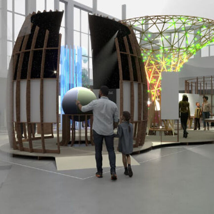 Die Darstellung der geplanten Sonderausstellung zeigt Personen beim Rundgang durch die Ausstellung.