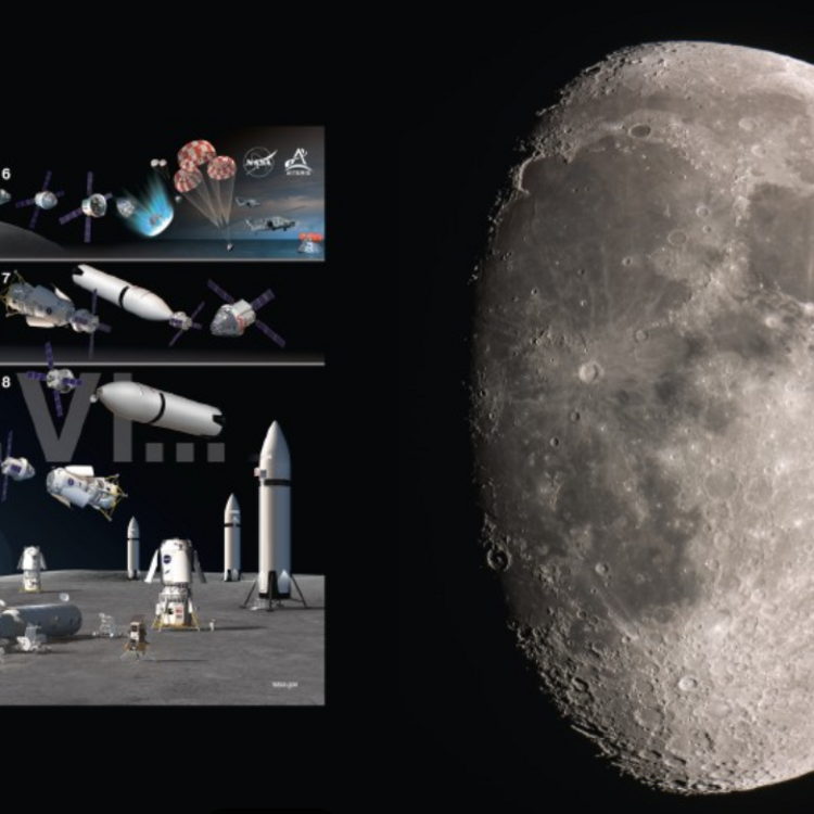 Links eine bunte Illustration der NASA‑Artemis‑Mondmission mit Raketenstarts, Orion‑Raumschiff, Habitatmodulen, Landern, Versorgungsfahrzeugen und Zeitachsen für 2026–2028 über einer Mondoberfläche, rechts ein großes, hochaufgelöstes Foto der mondhellen, kraterübersäten rechten Hemisphäre des Mondes vor schwarzem Hintergrund.