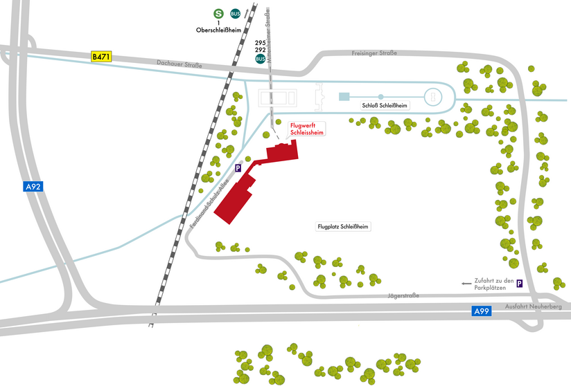 Lageplan Flugwerft Schleißheim mit öffentlichem Nahverkehr.