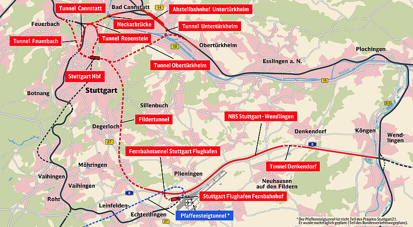 Auf einer Landkarte der Region Stuttgart ist das Bahnnetz eingezeichnet. Viele rote Markierungen darauf zeigen, welche Teile des Netzes im Rahmen von Stuttgart 21 neu gebaut oder verändert werden, darunter neben dem Hauptbahnhof weitere Bahnhöfe und acht Tunnel.