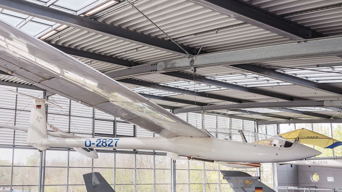 Segelflugzeug Akaflieg München Mü-27 in der Flugwerft Schleißheim.