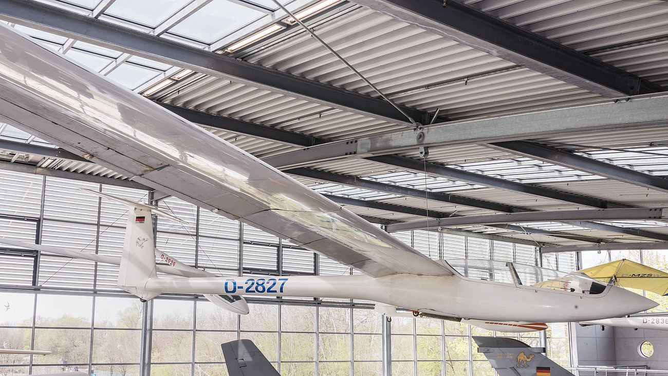 Segelflugzeug Akaflieg München Mü-27 in der Flugwerft Schleißheim.