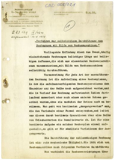 Konrad Zuse: "Verfahren zur selbständigen Durchführung von Rechnungen mit Hilfe von Rechenmaschinen". Patentanmeldung, 9.4.1936. 