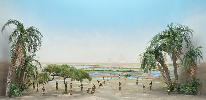 Diorama zeigt ägyptische Landvermesser bei ihrer Arbeit.