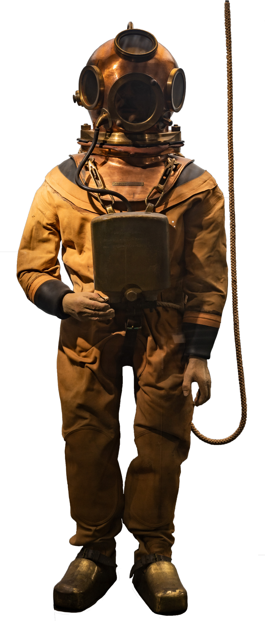 Ein Tauchgerät von 1925, Atemluft wird über einen Schlauch direkt in den Helm gepumpt ist in der Meeresforschung ausgestellt.